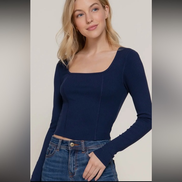 Tops - True Navy - Long Sleeve Square Neck Ribbed Top